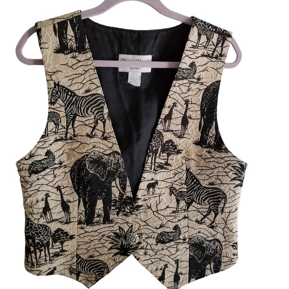 Sharon Young Jackets & Blazers - Sharon Young Vintage Safari Vest, Sz M Zebra Elephant Black Ivory Tan Top